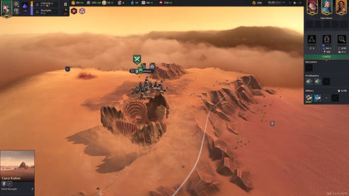 A giant sandworm emerges from the ground in Dune: Spice Wars