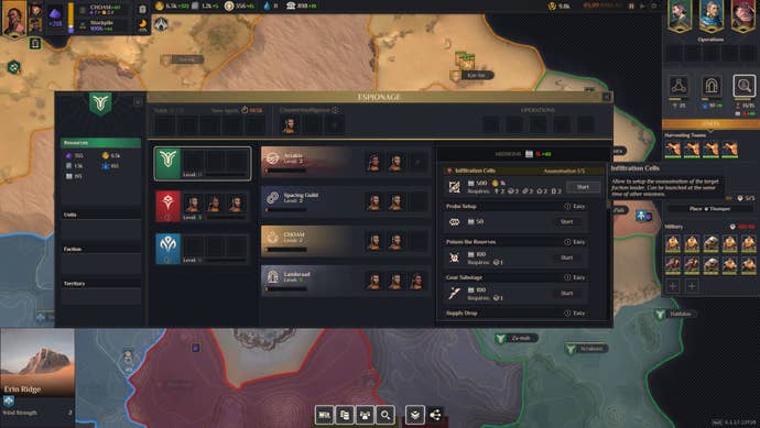 A menu screen in Dune: Spice Wars allowing the player to conduct espionage