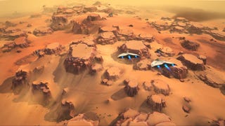 An orange desert of Arrakis with some rocks jutting through and two aircraft flying over