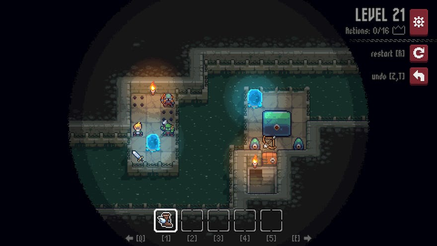 A screenshot of Dungeon and Puzzles, a sokoban combat game, showing a 2D pixel dungeon with orcs, spike traps, slimes, and a sword.