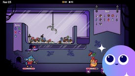 a bunny fights some odd creatures with a claw machine in Dungeon Clawler