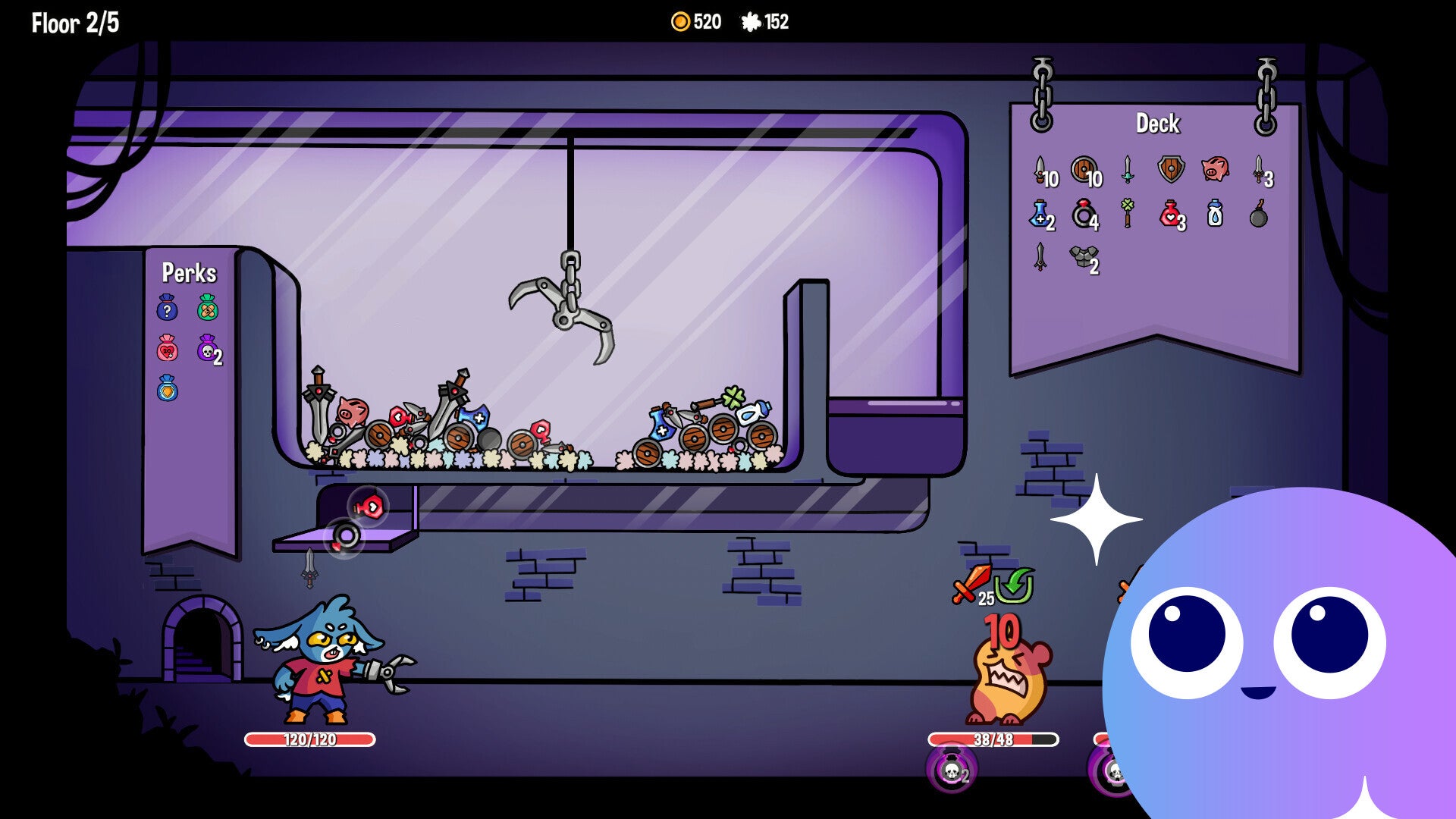 a bunny fights some odd creatures with a claw machine in Dungeon Clawler - 1