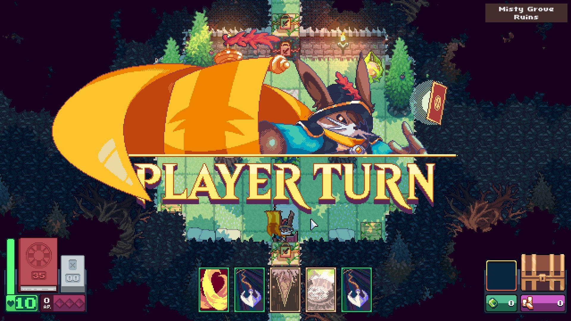 The text &lsquo;Player Turn&rsquo; sits in the middle of the screen with artwork of a rabbit wizard in Dungeon Drafters