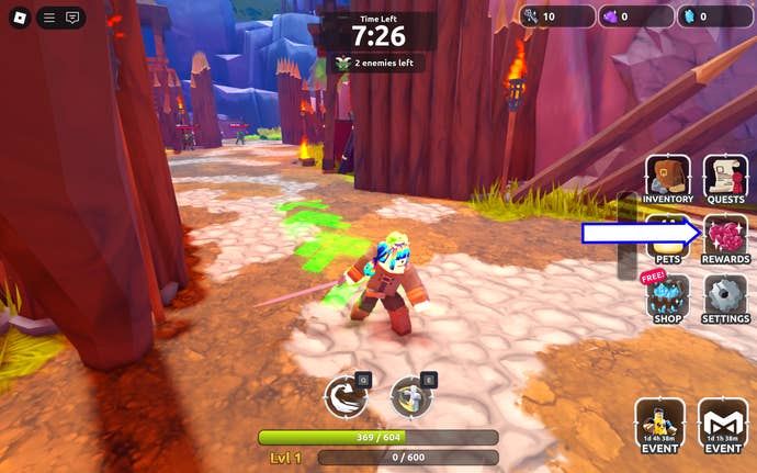 A screenshot of Dungeon Heroes in Roblox showing the game's rewards button.