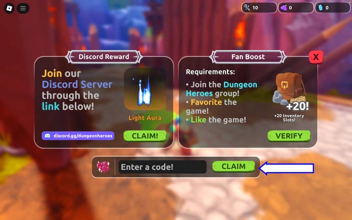 A screenshot of Dungeon Heroes in Roblox showing the game's codes field.