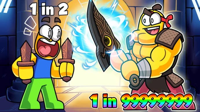 Artwork for the Roblox game Dungeon RNG, showing a cartoon character with two tiny swords meeting a muscular character with a huge sword.