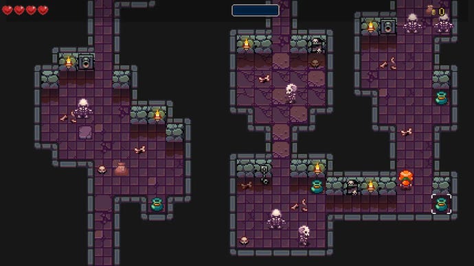 Eine Art Dungeon mit wandelnden Skeletten und dem Spieler, der in der unteren rechten Ecke erkundet.
