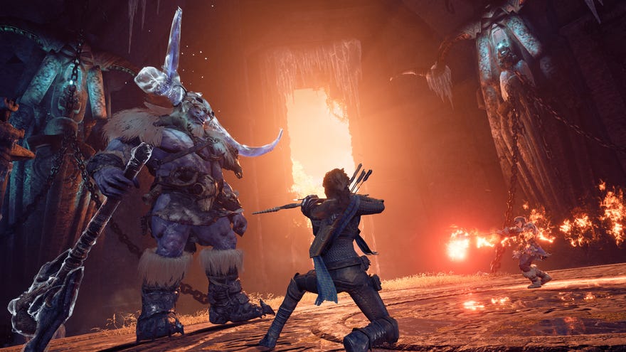 D&D Dark Alliance - Archer character Cattie-brie kneels on the ground aiming her bow at a large boss with electrocuted horns holding an axe.