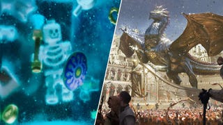 A Lego skeleton floating in a gelatinous cube to the left, an illustrration of a large dragon in front of a crowd of people to the right.