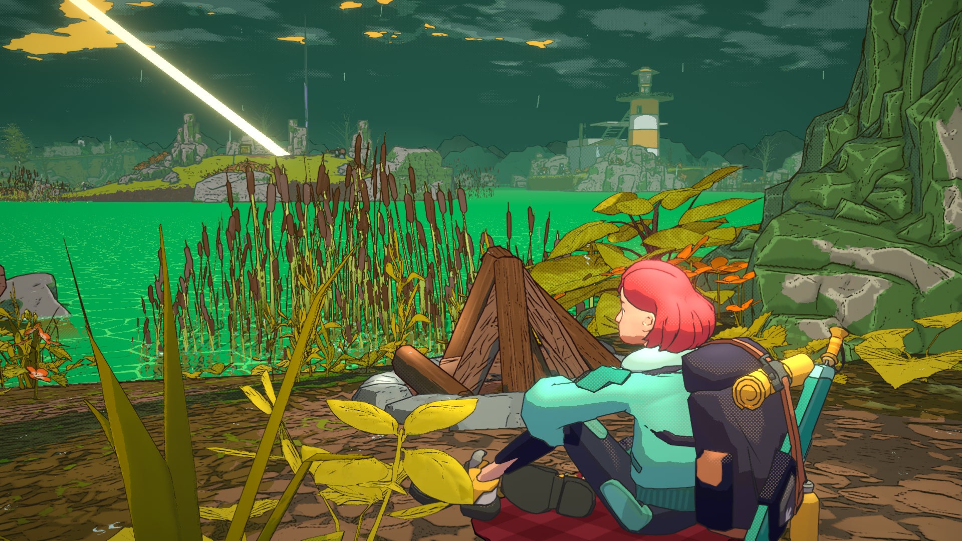 The red-haired heroine of Dungeons Of Hinterberg meditates by the shore of a very green swamp - 1