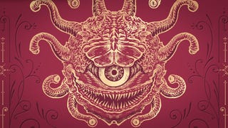 An illustration of a beholder enemy in Dungeons and Dragons - the big floating eyeball that has many eyeballs on stalks coming out from it. It's presented here in a kind of gold, embossed way, with only gold lines on a deep red background. It's a very fetching image!