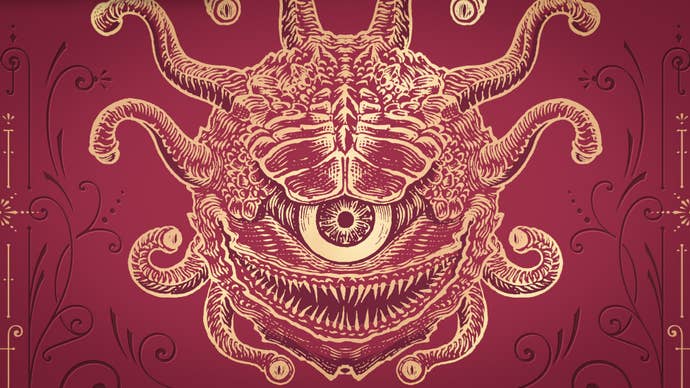 An illustration of a beholder enemy in Dungeons and Dragons - the big floating eyeball that has many eyeballs on stalks coming out from it. It’s presented here in a kind of gold, embossed way, with only gold lines on a deep red background. It’s a very fetching image!