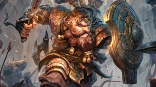 An illustration of a heavily armoured dwarven fighter in the thick of battle. They hold a shield out in front of them for protection, and their bearded face is a picture of determination.