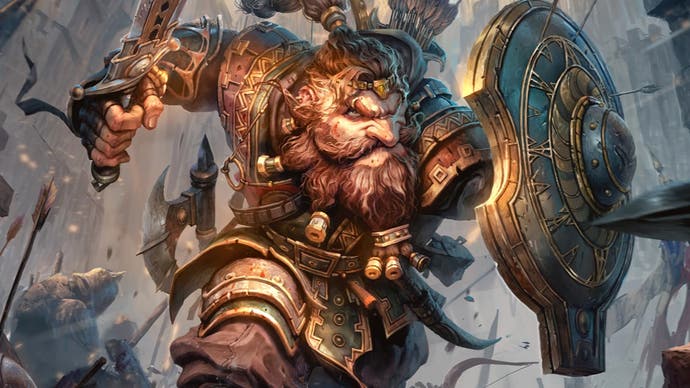 An illustration of a heavily armoured dwarven fighter in the thick of battle. They hold a shield out in front of them for protection, and their bearded face is a picture of determination.