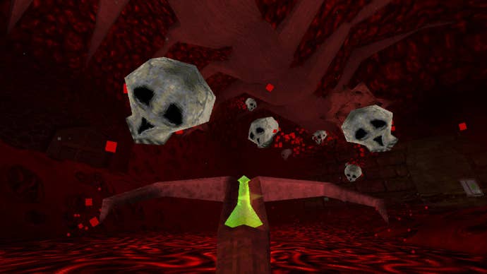 Skulls fly at the player inside a hellscape in DUSK.