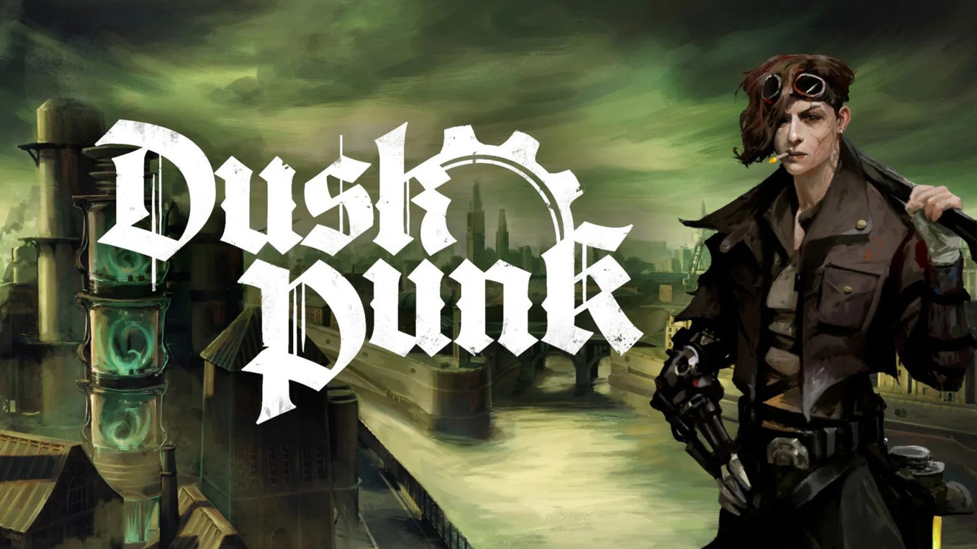 A steampunk dressed woman is stood in front of a dirty, smoggy looking city, a logo for the game Duskpunk superimposed over the top of the image. - 1