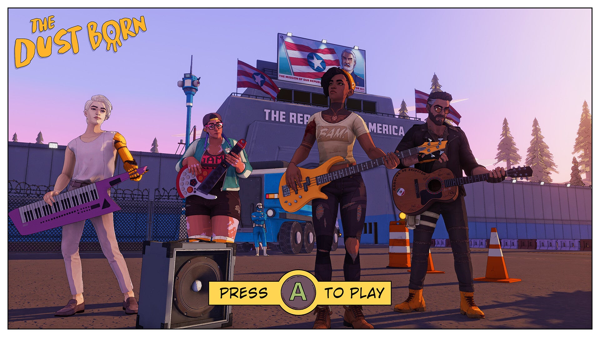 The band of misfits from Dustborn standing in a row with their semi-futuristic instruments and clothes