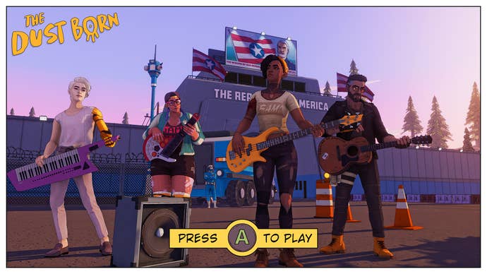 The band of misfits from Dustborn standing in a row with their semi-futuristic instruments and clothes