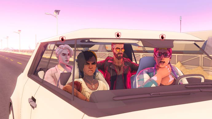 A group of characters as seen through the windows of a car. They are a ragtag bunch, as the game tells us. One is dark, one is pale, one has bright coloured hair, another lots of bling. The drive is, for some reason, mimicking choking themselves.