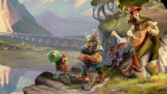 Dwarf Fortress Adventure Mode art showing a party of adventurers - including a frog, a dwarf, a goose, and a lute-playing bard - situated next to a vast lake with mountains visible beyond.