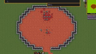 Some people stand around and some other people lie in pools of blood, rendered in topdown pixel art, in Dwarf Fortress.