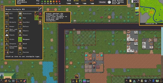 A screenshot of Dwarf Fortress’s Steam release, showing a weapon stockpile menu over a grassy surface-level fort.