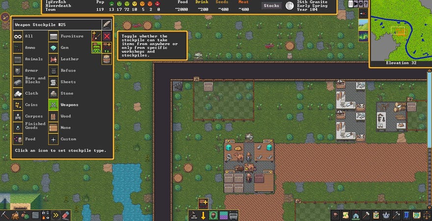 A screenshot of Dwarf Fortress’s Steam release, showing a weapon stockpile menu over a grassy surface-level fort.