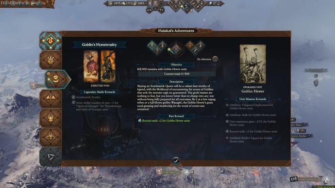 Malakai's adventure tab in Total War Warhammer 3