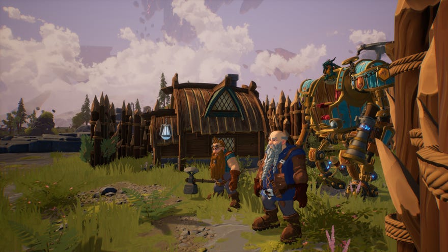 Two dwarfs look off into the distance, stood beside a mech outside a makeshift medieval village