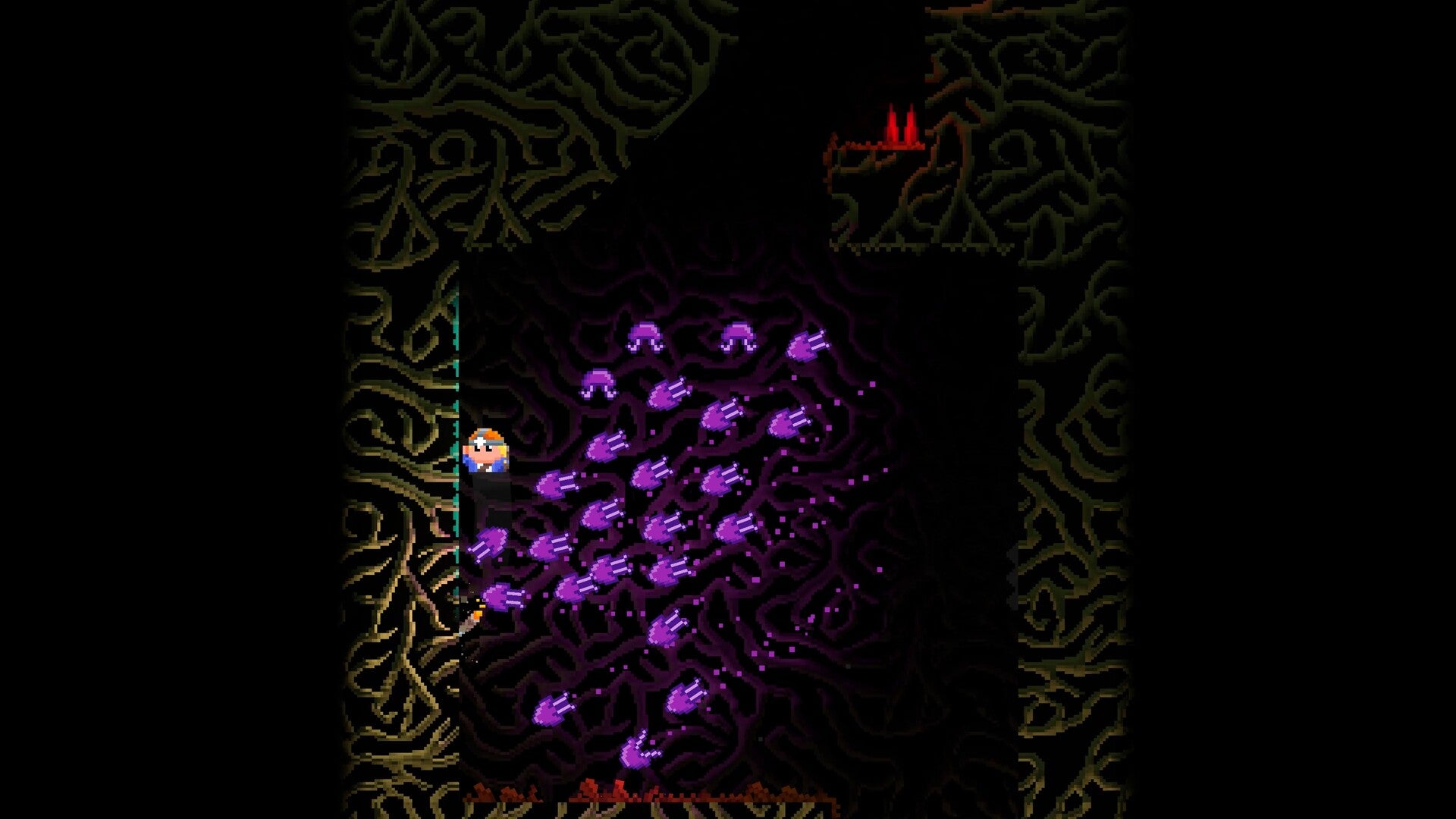 A 2D dwarf clinging to a wall in a mountain chasm full of purple jellyfish monsters - 1