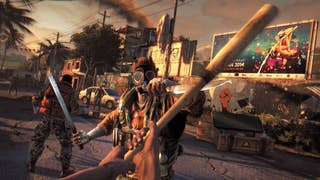 Dying Light screenshot showing the player attacking a knife-wielding thug with a baseball bat on a zombie-infested street.