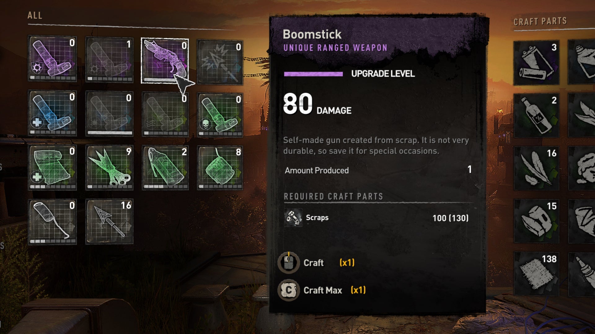 Assembling a boomstick from scavenged items in Dying Light 2&rsquo;s crafting menu.