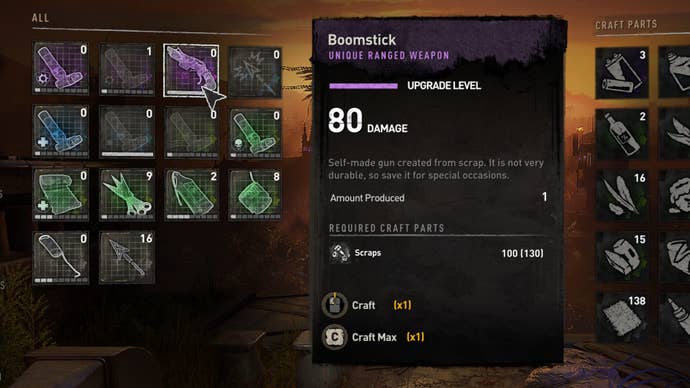 Assembling a boomstick from scavenged items in Dying Light 2’s crafting menu.