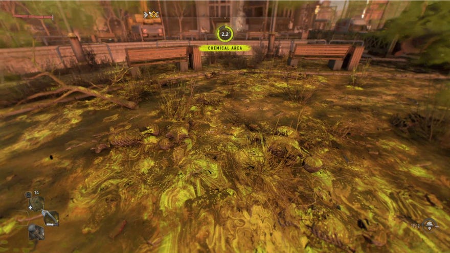 Dying Light 2 player standing in a chemical area, toxic gas surrounds and warps the screen