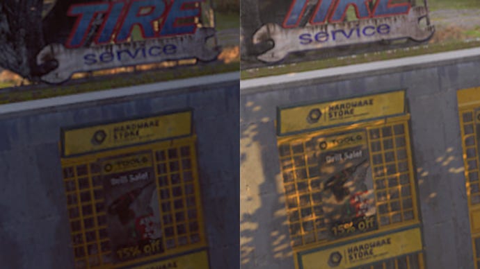 A comparison image showing a storefront in Dying Light 2, before and after a DLSS update.