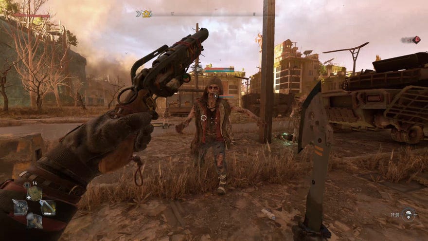 Dual wielding while facing down a zombie in Dying Light 2, with a makeshift shotgun in the left hand and an equally homemade-looking axe in the right.