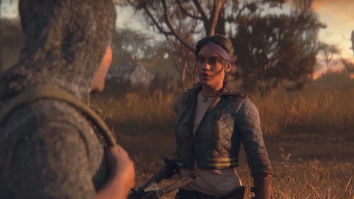 A screenshot from the ending cutscene of Dying Light 2 showing Lawan leaving the city with Aiden.