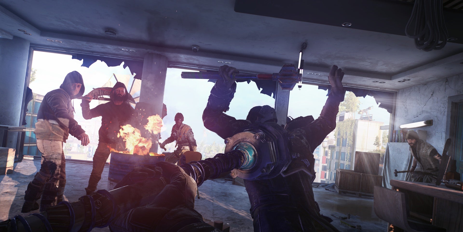 A screenshot of Dying Light 2 showing a man being struck by a big hammer while several other characters look on.