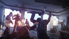 A screenshot of Dying Light 2 showing a man being struck by a big hammer while several other characters look on.