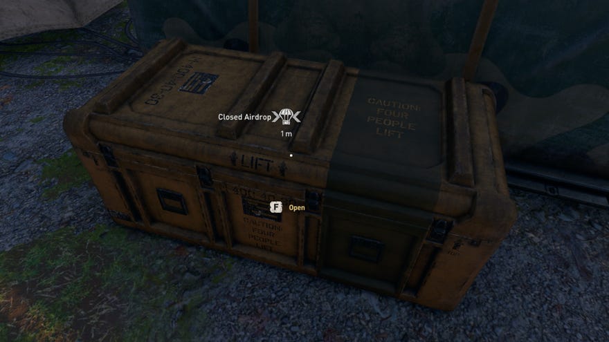 An Airdrop crate in Dying Light 2 - a large yellow crate on a rooftop which contains Military Tech.