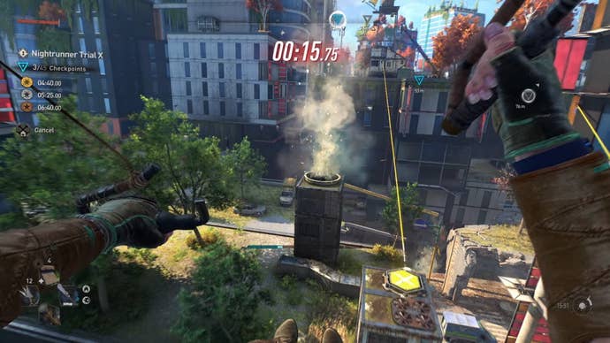 The player paraglides across a grassy rooftop in Dying Light 2