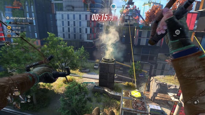 The player paraglides across a grassy rooftop in Dying Light 2