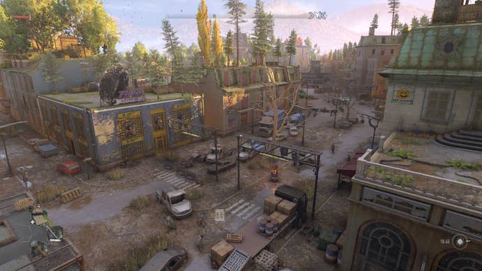 A street in Dying Light 2, captured after a patch improved DLSS quality.