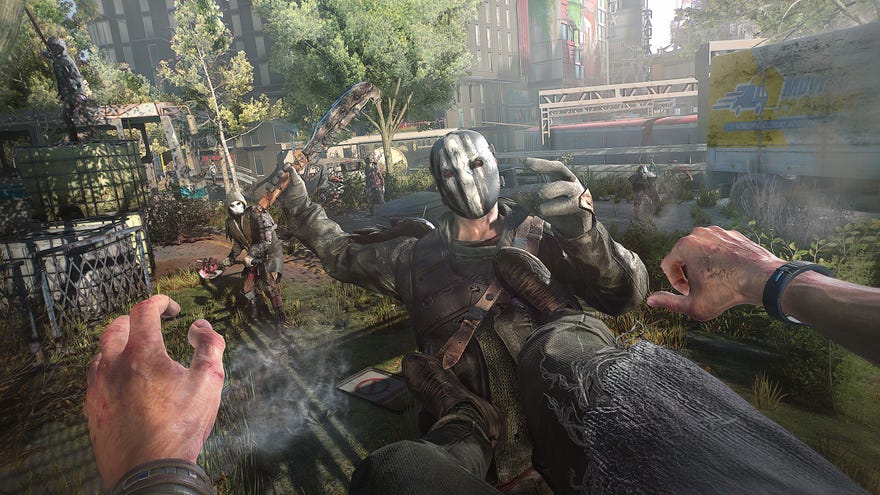 A promotional screenshot from a preview of Dying Light 2, showing the protagonist’s first person view as they double-kick a bandit in the chest