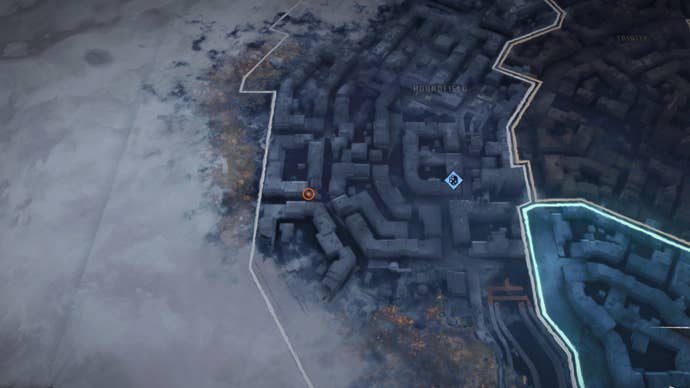 Part of the Dying Light 2 map, with a marker denoting the location of the “Book Club X” quest safe.