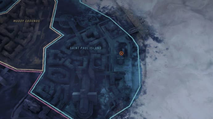 Part of the Dying Light 2 map, with a marker denoting the location of the Church Of St Thomas safe.