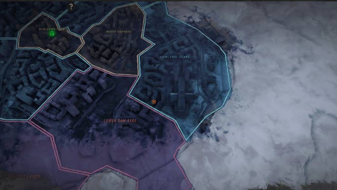 Part of the Dying Light 2 map, with a marker denoting the location of the Dark Hollow safe.