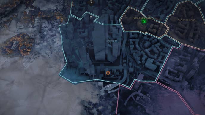 Part of the Dying Light 2 map, with a marker denoting the location of the Garrison Electrical Station safe.