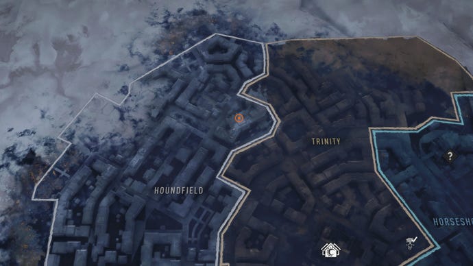Part of the Dying Light 2 map, with a marker denoting the location of the "The First Biomarker" quest safe.