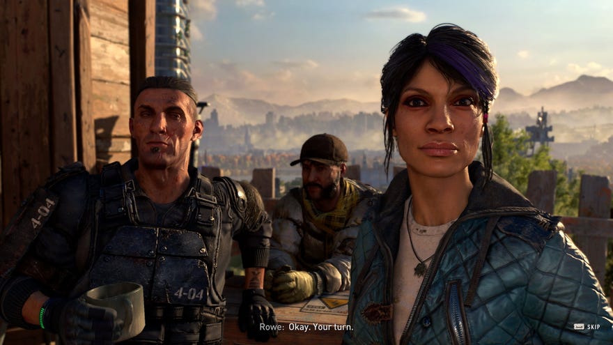 Two survivors look at the player, holding a mug and grinning, in Dying Light 2